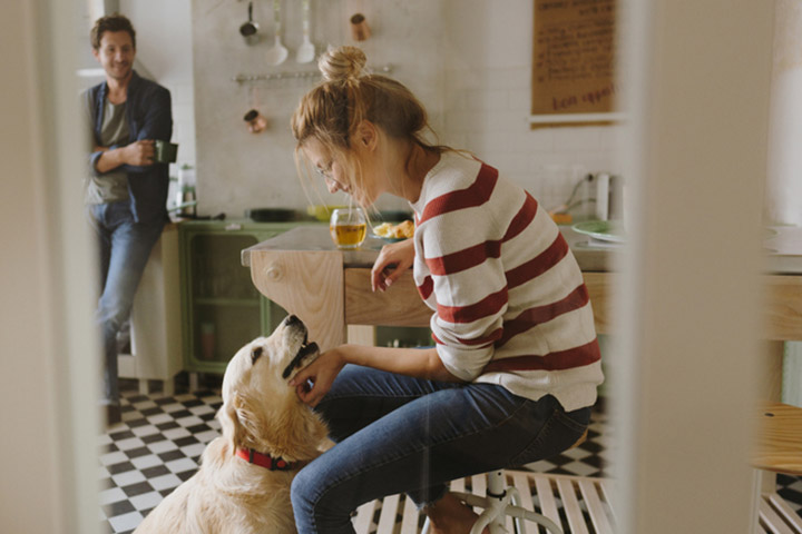 Couple having casual breakfast in kitchen with dog