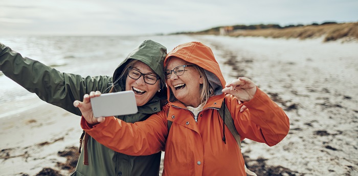 Women taking selfie on beach image
